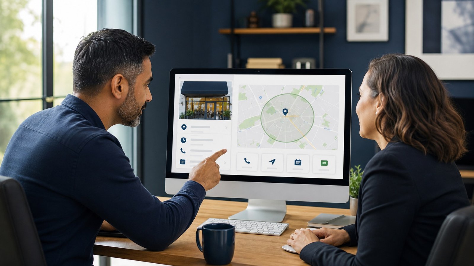 Local business owner reviewing Google Business Profile optimization and map visibility with a marketing specialist
